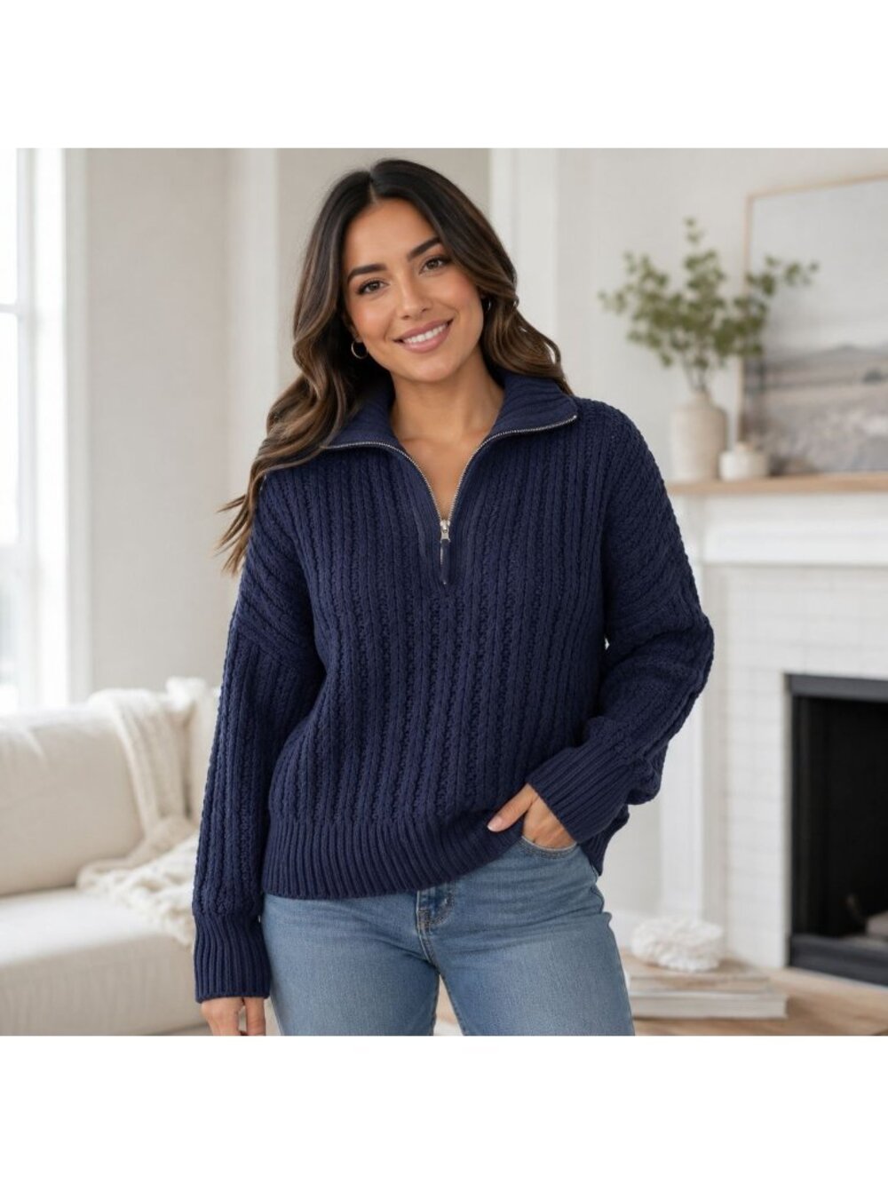 Aerie Women's Cable Car Navy Chunky Cable Knit Quarter Zip Sweater L - Picture 1 of 9